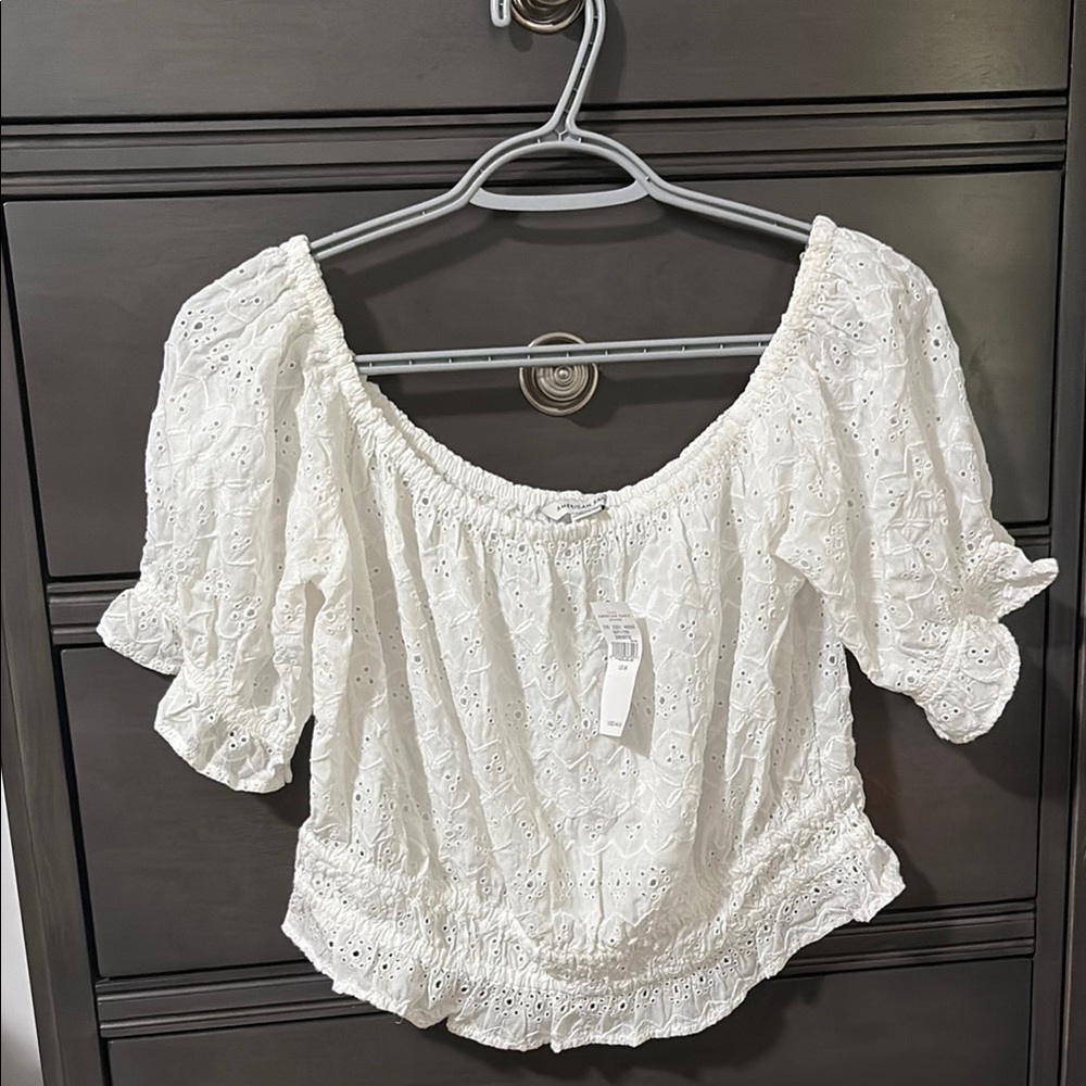 American Eagle White Smocked Puff Sleeve Crop Top